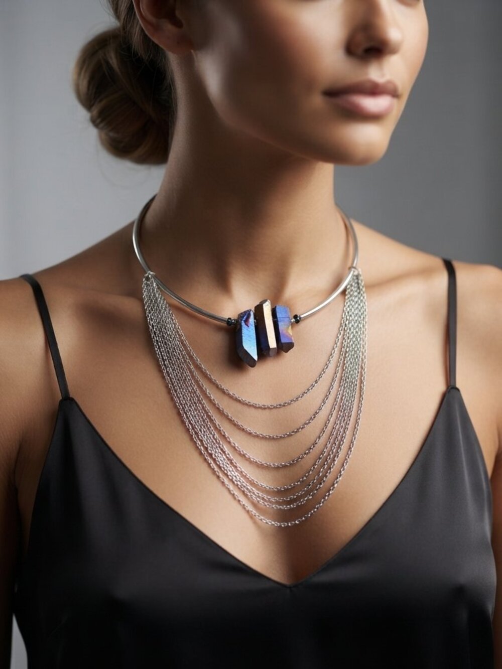 Gimmicks Silver-Tone Aura Quartz Crystal & 10-Row Multi-Strand Layered Collar Ne